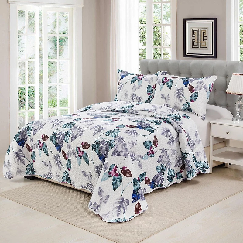 Marina Decoration Rich Printed Embossed Pinsonic Coverlet Bedset Couvre-lit Ultra Doux Literie Été Quilt Ensemble avec Taies d'oreiller, Motif de Feuilles Vertes Modernes