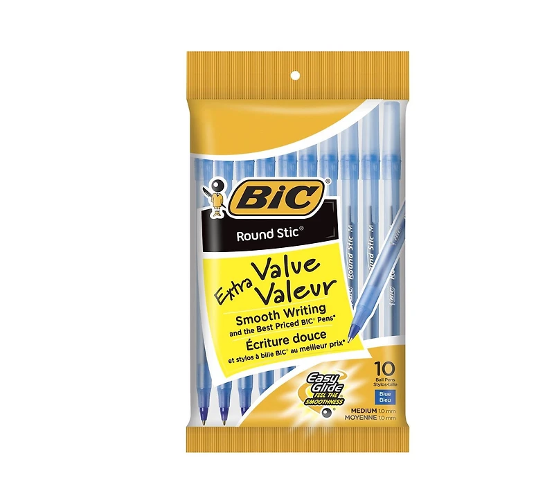 Stylos-bille bleus BIC Round Stic Extra Valeur, pointe moyenne (1,0 mm), paquet de 10 stylos en vrac, corps rond et souple pour une écriture confortable Lot de 10