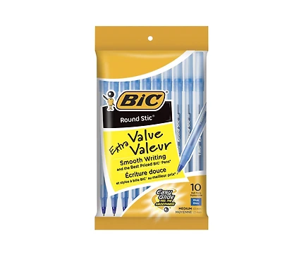 Stylos-bille bleus BIC Round Stic Extra Valeur, pointe moyenne (1,0 mm), paquet de 10 stylos en vrac, corps rond et souple pour une écriture confortable Lot de 10