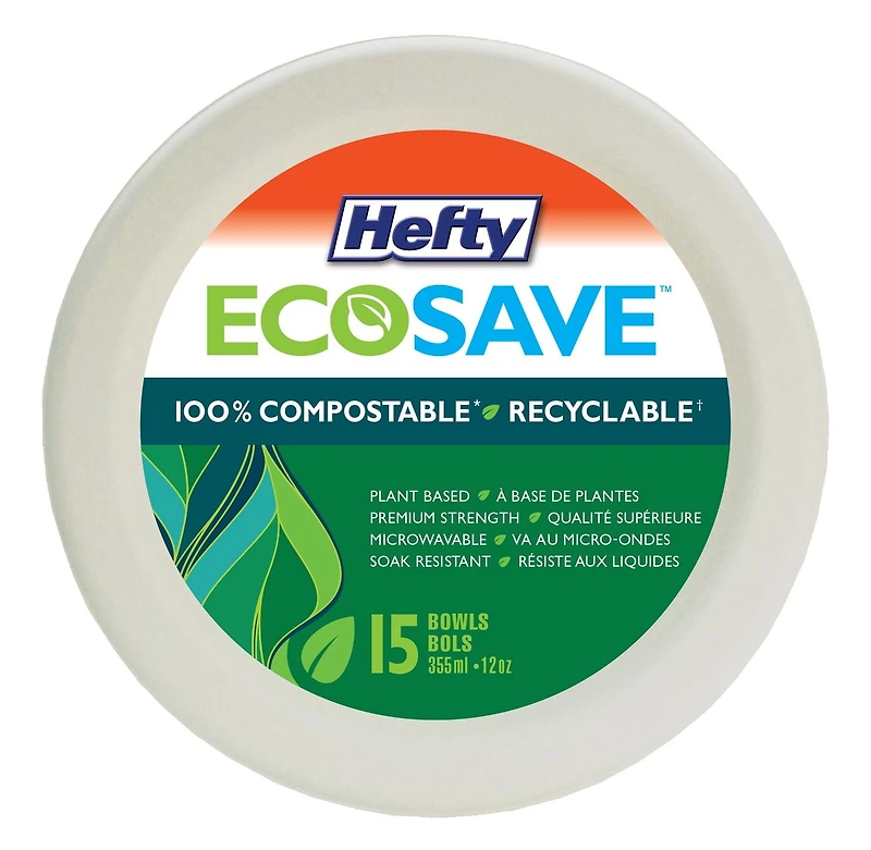Hefty EcoSave® Bowls Paper Plates Compostable Disposable Plates, 12oz, 15-pack