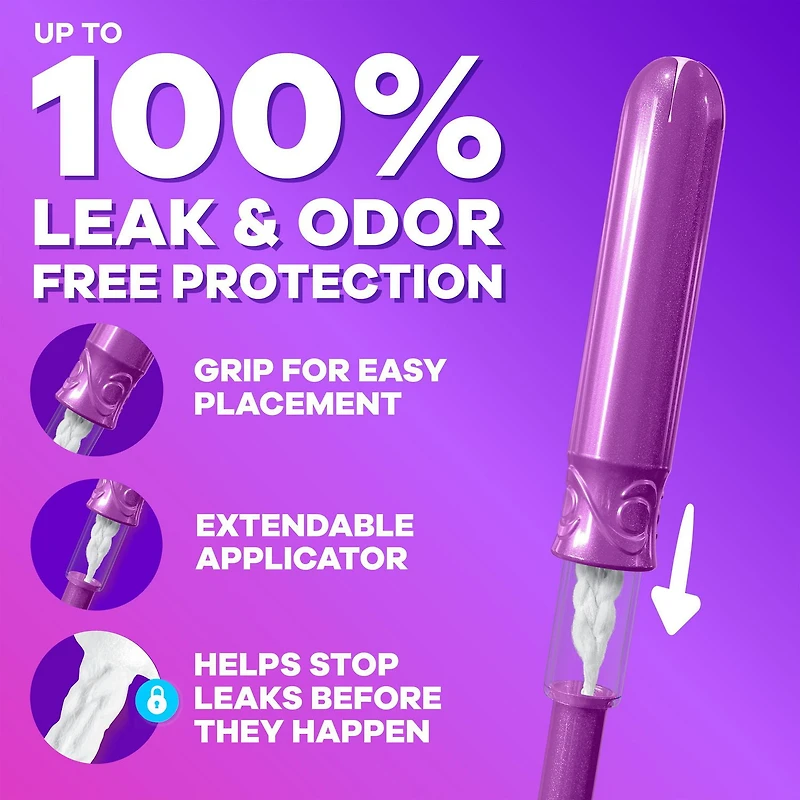 Tampons Tampax Radiant, avec tresse anti-fuites LeakGuard, degrés d’absorption régulier/super, emballage multiple, non parfumés, 52 tampons