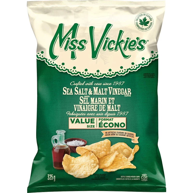 Miss Vickie's Sea Salt & Malt Vinegar Kettle Cooked Potato Chips, 325 g.