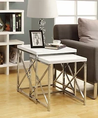 Monarch Specialties Tables Gigognes, Lot De 2, Côté, Bout, Métal, Accent, Salon, Chambre À Coucher, Métal, Stratifié, Blanc Lustré, Chrome, Contemporain, Moderne