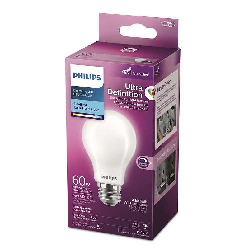 Philips UltraDefinition Ampoule à économie d'énergie LED A19 E26 60W, Dimmable Daylight (5000K) PHILIPS DEL 60W A19 DL
