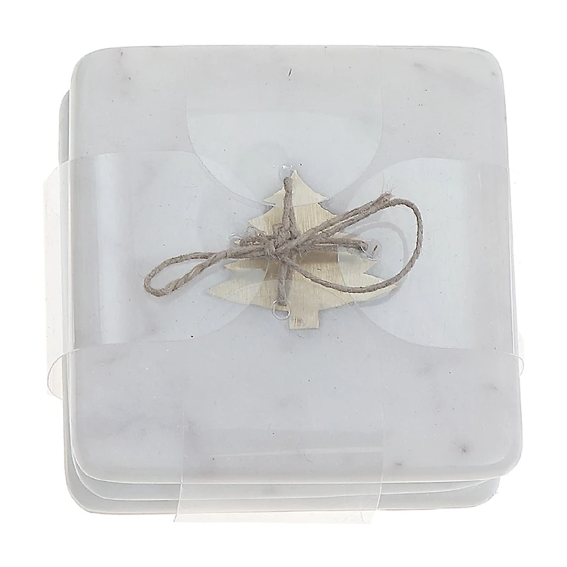 Lot De 4 Sous-Verres Carrés En Marbre Blanc Avec Incrustations En Laiton Représentant Un Arbre (10 X 10 Cm)