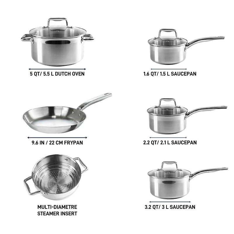 T-fal Stainless Steel 10-piece Cookware Set, Induction and oven safe, 10-piece set