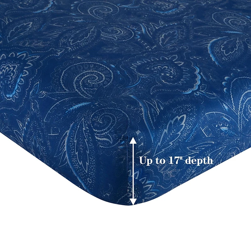 Marina Decoration Printed 600 Thread Count Soft Deep Pocket Hotel Standard Long Staple Cotton Blend Percale All Season Bedding Sheet Set, Navy Blue Paisley Pattern