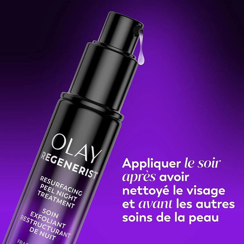 Soin exfoliant de nuit Olay Regenerist avec acide glycolique, soin ravivant et exfoliant, AHA, restructurant, texture lisse, illumine le teint, sérum de nuit léger pour un teint radieux