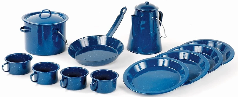 Ensemble de Cuisine de Camping en Email Bleu de 13 Pièces de World Famous