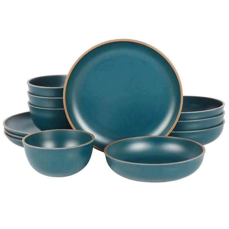 Gibson Home Rockabye 12 Piece Double Bowl Melamine Dinnerware Set, Matte Teal