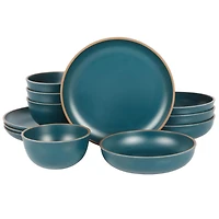 Gibson Home Rockabye 12 Piece Double Bowl Melamine Dinnerware Set, Matte Teal
