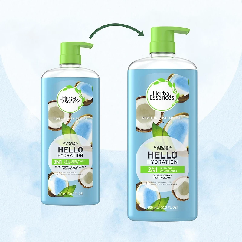 Shampooing et revitalisant 2 en 1 Herbal Essences Hello Hydration, hydratation pour les cheveux