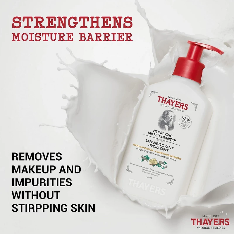 THAYERS Hydrating Milky Cleanser with Hyaluronic Acid and Snow Mushroom, Natural Facial Cleanser, For All Skin Types, 237mL, THAYERS Hydrating Milky Cleanser