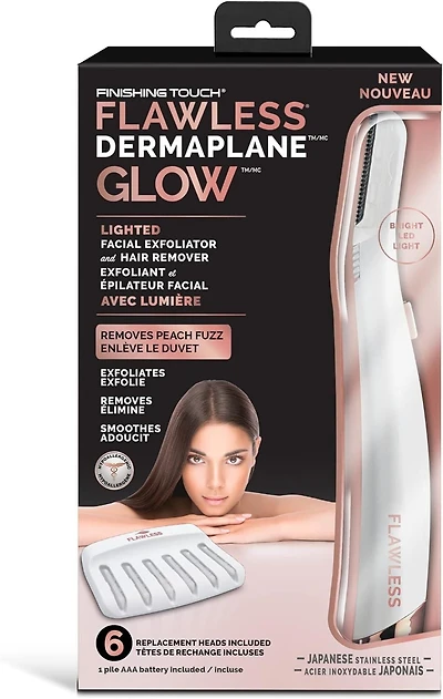 Finishing Touch Flawless Dermaplane Glow Facial Exfoliator & Hair Remover, 1 unit, 6 replacement blades