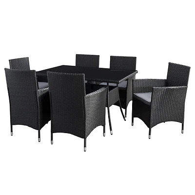 CorLiving Parksville Ensemble de salle à manger de patio 7 pièces en osier de résine noire et en acier avec table rectangulaire en verre et 6 chaises avec coussins gris