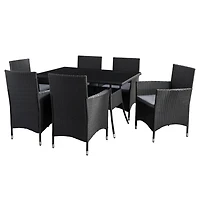 CorLiving Parksville Ensemble de salle à manger de patio 7 pièces en osier de résine noire et en acier avec table rectangulaire en verre et 6 chaises avec coussins gris