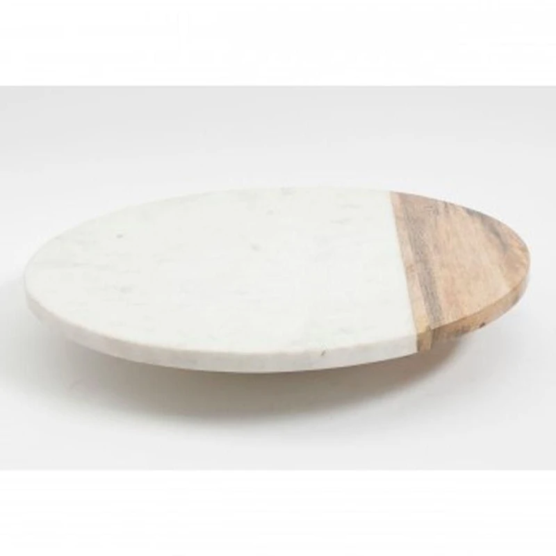 Laurie Gates Mix Material 16" Lazy Susan, Natural Wood & White Marble