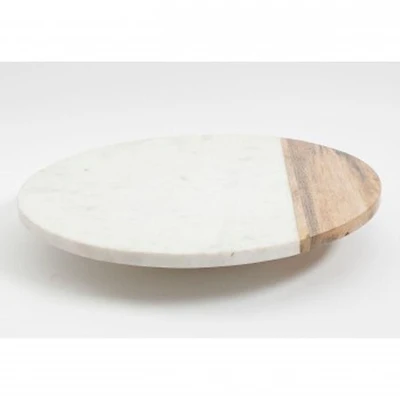 Laurie Gates Mix Material 16" Lazy Susan, Natural Wood & White Marble