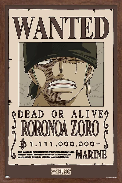 One Piece - Roronoa Zoro Wanted Poster Wall Poster, 14.725" x 22.375" Framed