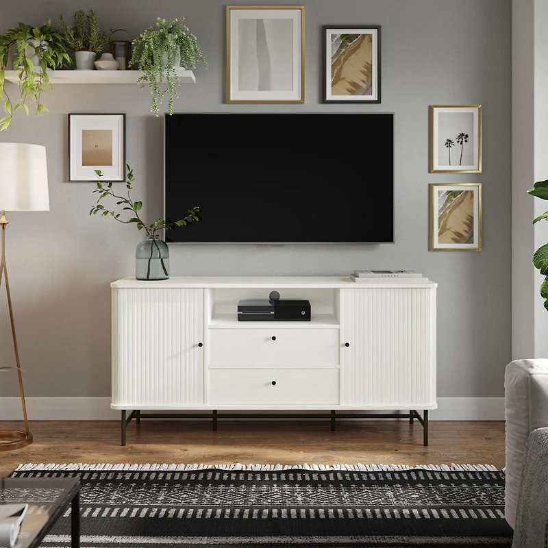 Corliving Hikari Sideboard Buffet Cabinet with 2 Sliding Doors, Sideboard with Open and Close Storage, Accent Sideboard for Dining Room, Living Room, White