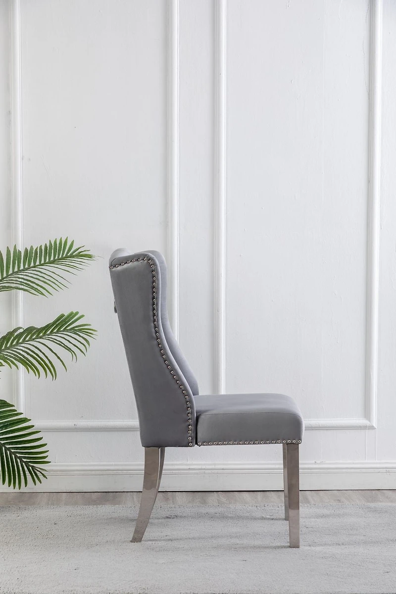 CHAISES K-LIVING FILA EN VELOURS TOUFFETÉ DE COULEUR GRIS AVEC PIEDS EN ACIER INOXYDABLE ET POIGNÉE ARRIÈRE ROBUSTE (2 CHAISES)