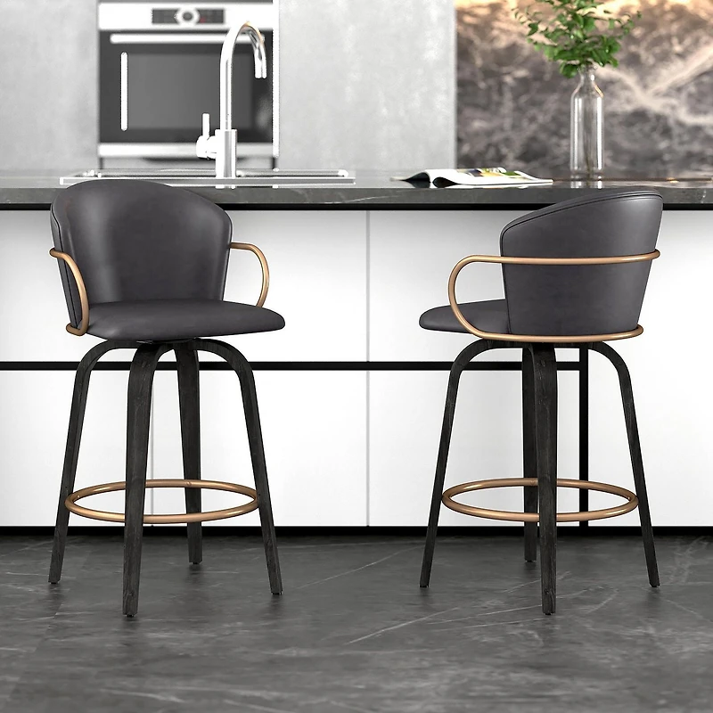 Mid-Century Faux Leather, Wood and Metal 26" Counter Stool with Swivel, Set of 2 - Charcoal, Black and Aged Gold