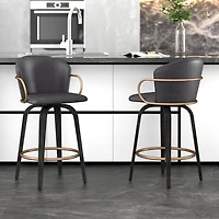 Mid-Century Faux Leather, Wood and Metal 26" Counter Stool with Swivel, Set of 2 - Charcoal, Black and Aged Gold