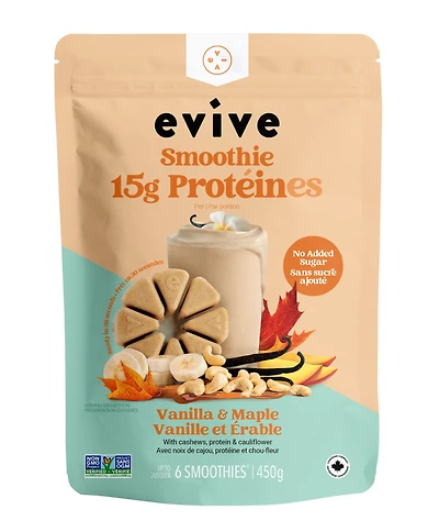 Evive Smoothie Protéiné en Cubes Frappé Érable, 450g, Végétalien, Sans OGM, Cubes Surgelés, Mélange (banane, fruits mélangés, noix de cajou etc.)