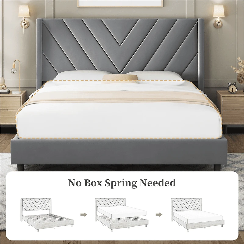 Fullfurnique Cadre de Lit Capitonné avec Support en Lattes en Bois, Full, Gris clair