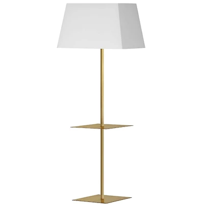 Lampadaire carré à 1 lumière avec étagère Gretchen, laiton vieilli, abat-jour blanc