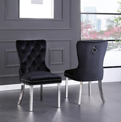 CHAISES K-LIVING MYRA EN VELOURS TOUFFETÉ DE COULEUR NOIRE AVEC PIEDS EN ACIER INOXYDABLE ET POIGNÉE ARRIÈRE ROBUSTE (2 CHAISES)