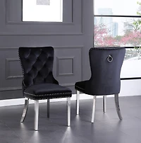 CHAISES K-LIVING MYRA EN VELOURS TOUFFETÉ DE COULEUR NOIRE AVEC PIEDS EN ACIER INOXYDABLE ET POIGNÉE ARRIÈRE ROBUSTE (2 CHAISES)