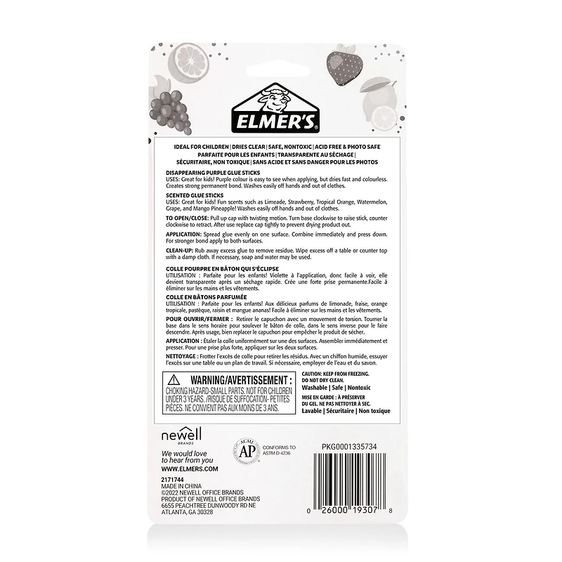 Bâtons de colle parfumés d'Elmer's, paquet varié, comprends bâtons de colle violette disparaissant, colle scolaire sûre et non toxique 12 pièces (6 g par pièce)