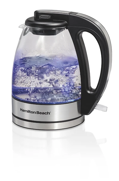 Hamilton Beach Bouilloire électrique en verre compacte, 1 litre, sans fil avec éclairage DEL bleu, 1500 watts, 40930JC