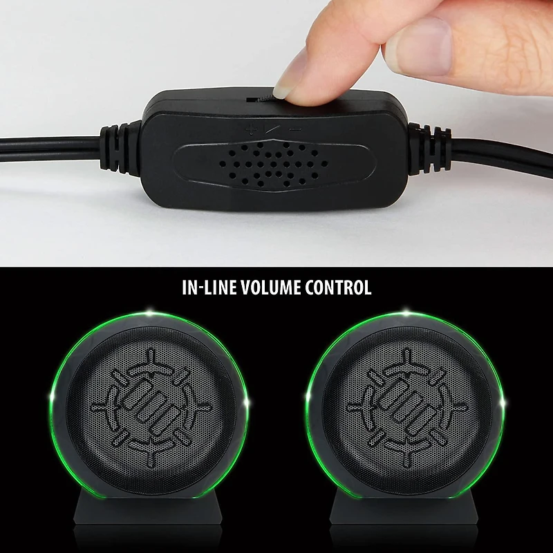 améliorer Jeu LED Ordinateur haut-parleurs avec caisson de basse, puissant 5 W pilotes et contrôle de volume en ligne – Green Lights, Alimenté par USB 2.0, connexion de 3,5 mm pour ordinateur de burea