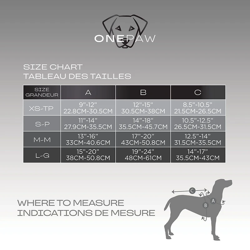 Harnais pour chien One Paw, avec maille collée et coutures réfléchissantes, disponible en plusieurs tailles et couleurs. Le harnais pour chien One Paw