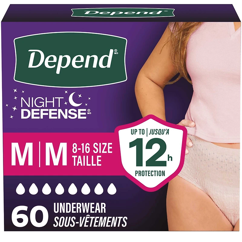 Sous-vêtements d’incontinence et fuites urinaires post-partum pour femmes adultes Depend Night Defense pour femmes, jetables, de nuit, taille moyenne, roses, 60 unités