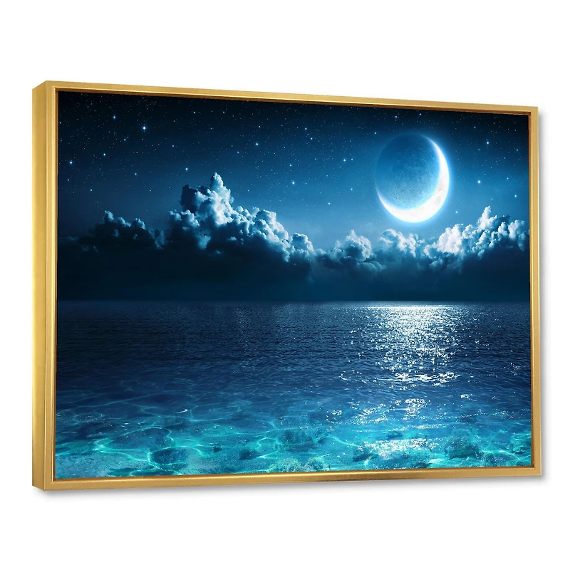 Designart Lune romantique sur la mer d'un bleu profond I ART MURAL À CADRE FLOTTÉ