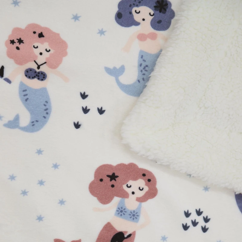 Marina Decoration Reversible Rich Printed Woven Fluffy Plush Soft Warm Flannel Fleece Children Throw Sherpa Kids Blanket, 40 x 50 Inch Pink Mermaid with White Base Pattern