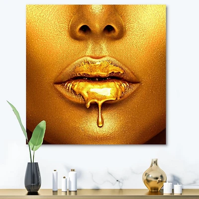 Designart Gold Paint Drips From Sexy Woman Lips Canvas Wall Art