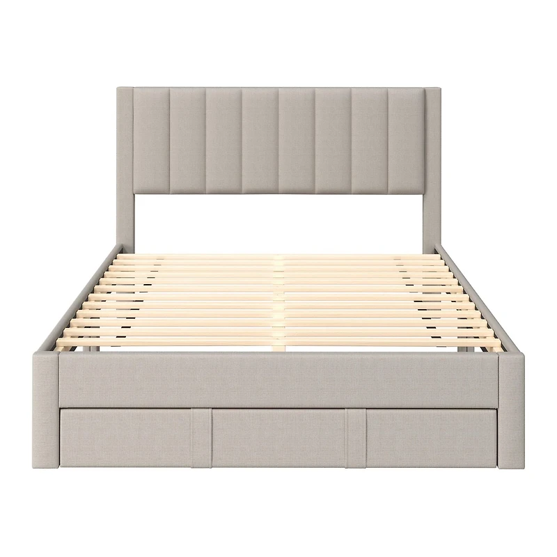 Lit plateforme capitonné et rembourré avec rangement CorLiving Metro Beige en versions double/double, grand et très grand lit