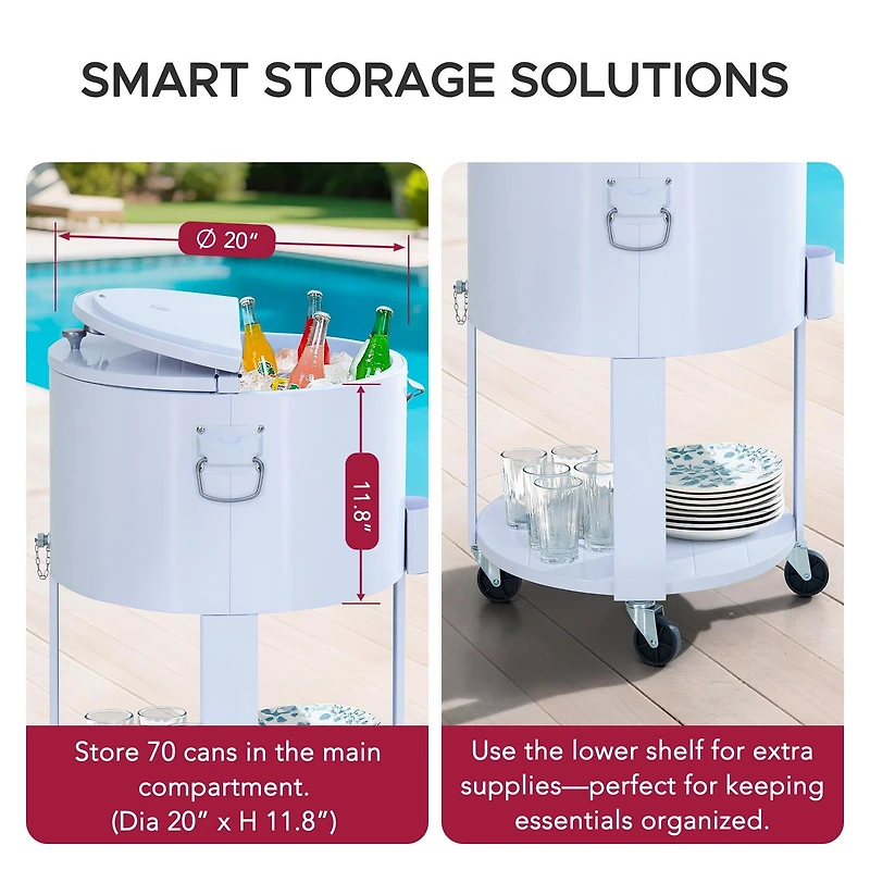 Sunjoy Rooling Ice Chest Cooler Cart 60 Quart, Portable Patio Party Bar Drink Cooler Cart, Beverage Bar with Bottle Opener and Shelf, White
