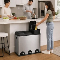 Step N’ Sort poubelle 60 L à 3 compartiments – système de tri cuisine (déchets, recyclage et compost), pédales mains libres, acier inoxydable avec bacs amovibles