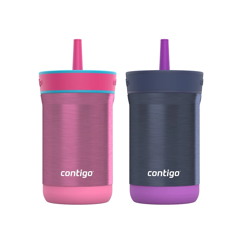 Gobelet antidéversement pour enfants Contigo Leighton en acier inoxydable avec paille, 12 oz (354 ml), azalée et violet,, ensemble de 2