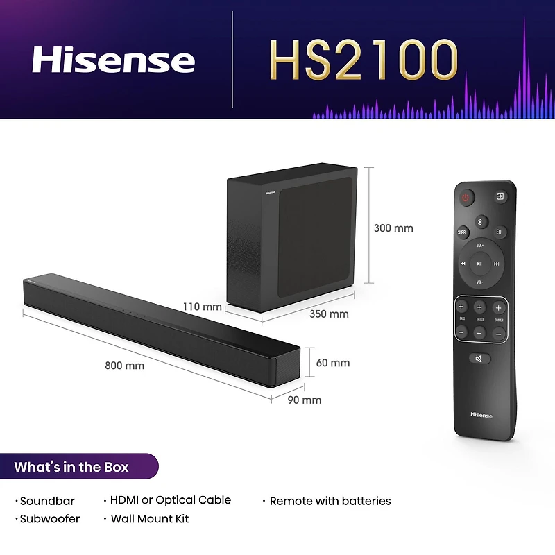 Hisense Barre de son 2.1 avec caisson de basses sans fil Barre de son 2.1 avec caisson de basses sans fil