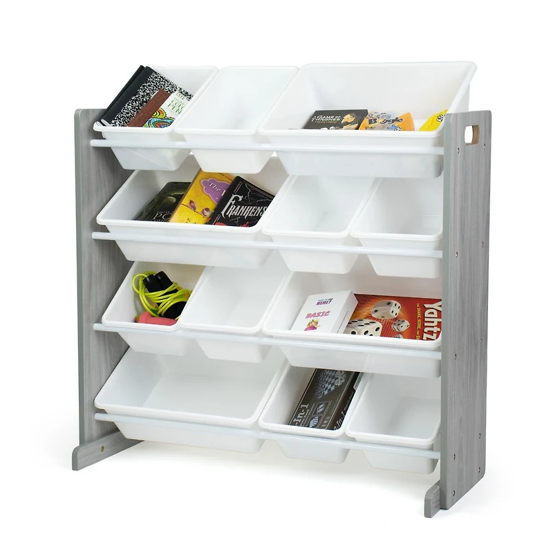 Humble Crew Slate Toy Storage Organizer with 12 Storage Bins, Grey Wood Grain/White