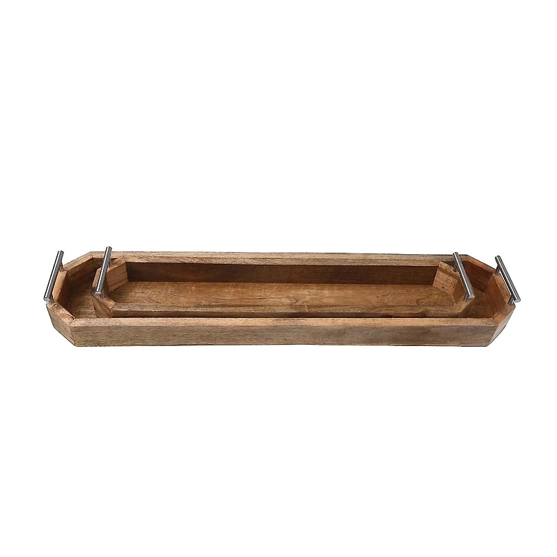 Set Of 2 Mango Wood Long Trays With Handle