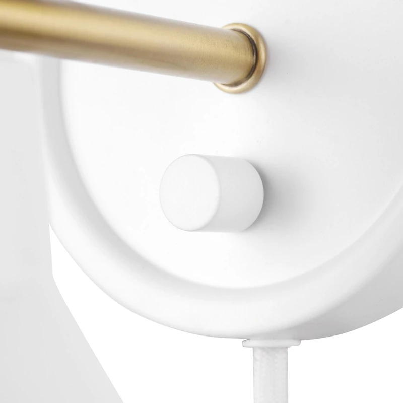 Applique murale enfichable ou fixe à une tête à intensité réglable Tristan, blanc mat, accent laiton, gradateur rotatif sans incréments sur le socle, cordon en tissu blanc