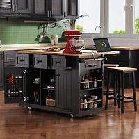 Noble House 53inch Large Kitchen Island with 2 Bar Stools, Power Outlet,Black