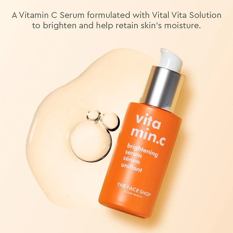 The Face Shop Brightening Vitamin C Serum with Hyaluronic Acid and Niacinamide, for Dark Spots, Dull Skin and Uneven Skin Tone, Korean Beauty